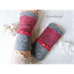 Damen Walkstulpen Grau Rot mit Spitze Unikat E+K