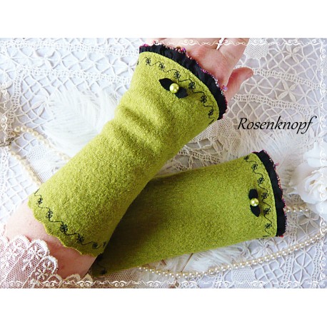 Wollstulpen GREENY Armstulpen Grün Spitze Rose