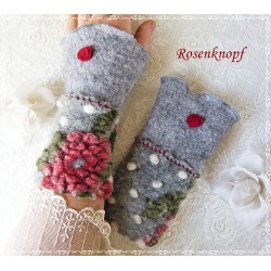 Walkstulpen Grau Rot Rosen Frauen Relief EK